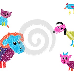 Hand-drawn pet animals. White background. Sheep, dog, cat, rooster, pig. Isolated. For kid\'s design