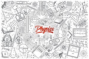Hand drawn Physics doodle set with lettering