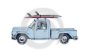 Hand drawn pickup car with surfboards on a roof