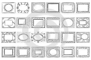 Hand drawn picture frames. Sketch frame, doodle style photo and art mirror frames vector set