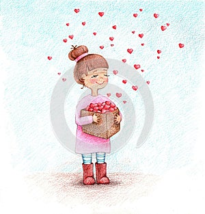 Hand drawn picture of girl with the box of hearts