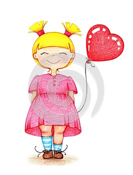 Hand drawn picture of girl with pink balloon by the color pencils