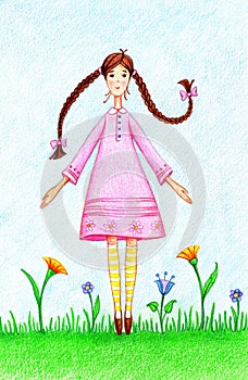 Hand drawn picture of girl in pink dress standing on lawn