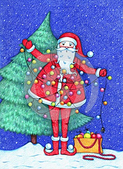 Hand drawn picture of Santa Claus decorating Christmas tree and tangled in a garland in the snowy night