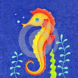 Hand drawn picture of swimming orange seahorse under water