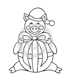 Hand drawn pig cartoon character in Santa`s hat and with bow. Christmas illustration.