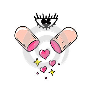 Hand drawn pill with a hearts. Vector illustration
