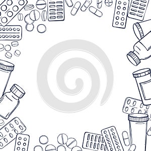 Hand drawn pills and medicines. Vector background