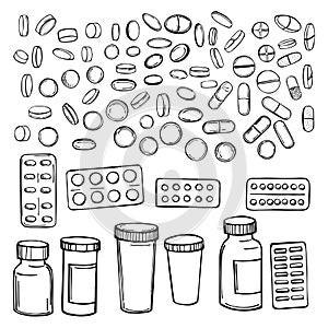 Hand drawn pills and medicines .  Vector sketch  illustration