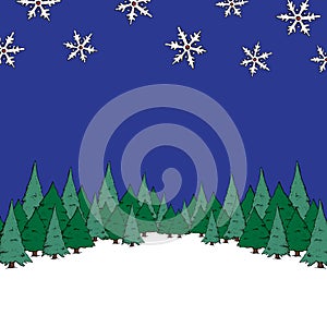 Hand Drawn Pine Forest. Cute winter holiday background. Merry Christmas and happy new year. Trees pine, fir, spruce and