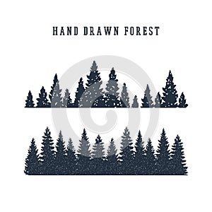 Hand drawn pine forest vector illustration.