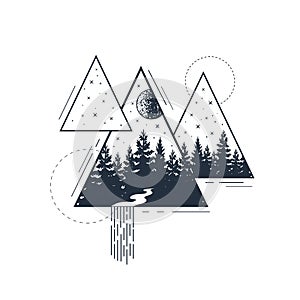 Hand drawn pine forest textured vector illustration. Geometric style