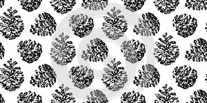 Hand drawn pinecone vector seamless pattern. Linocut forest pine or fir cone decorative graphic background. Stylized monochrome photo