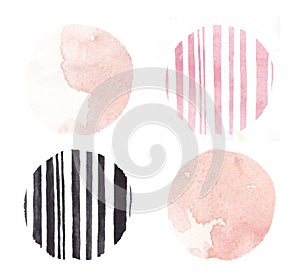 Hand drawn pink barcode circle splashes watercolor set, circle watercolor. Coral splash