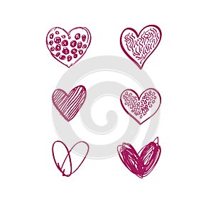 Hand drawn pink decorative hearts set on white background