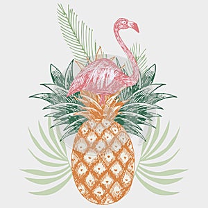 Flamingo on pineapple tropical print photo