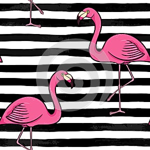 Hand drawn pink flamingo silhouette on a background of black and white stripes. design for holiday greeting card and invitation of