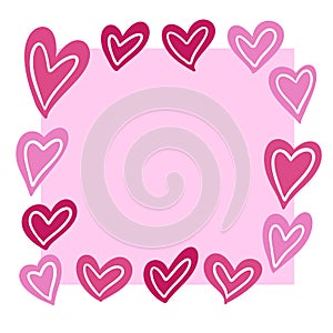 Hand drawn pink frame shape with red hearts. St valentine day love sweetheart greeting, romantic invitation banner, cute