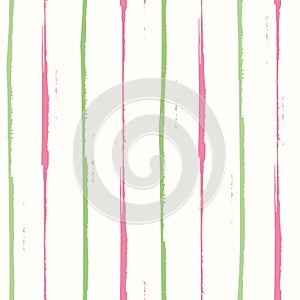 Hand drawn pink and green watercolor vertically striped geometric design. Spacious seamless vector pattern on white