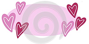 Hand drawn pink oval frame shape with red hearts. St valentine day love sweetheart greeting, romantic invitation banner
