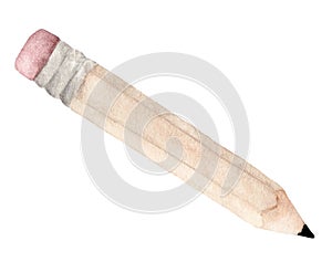 Hand drawn Pink pencil for writing and eraser isolated on white background