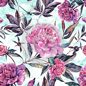 Hand drawn pink peonies bouquet seamless pattern