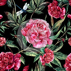 Hand drawn pink peonies bouquet seamless pattern