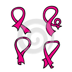 Hand drawn pink ribbon symbol for breast awareness cancer vector icon doodle