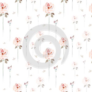 Hand drawn pink roses flowers on white background like watercolor painting.
