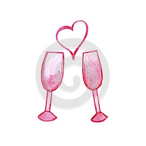 Hand drawn pink watercolor glasses with heart isolated on white background.