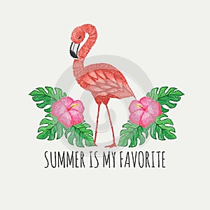 Hand drawn pinky flamingo and tropical flowers and leaves with slogan to glam to give a damn,for t shirt printing and embroidery,