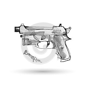 Hand drawn pistol Beretta on white. photo