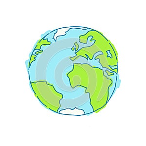 Hand drawn planet earth. Global map with green sketch continents and blue blurred oceans geographic doodle.
