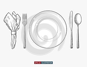 Hand drawn plate, napkin, fork and knife. Engraved style vector illustration.
