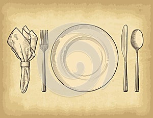 Hand drawn plate spoons, forks and knifes on old craft paper texture background.