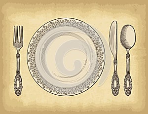 Hand drawn plate spoons, forks and knifes on old craft paper texture background.