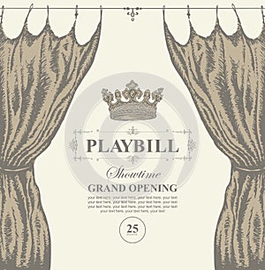 Hand-drawn playbill with theater curtain and crown