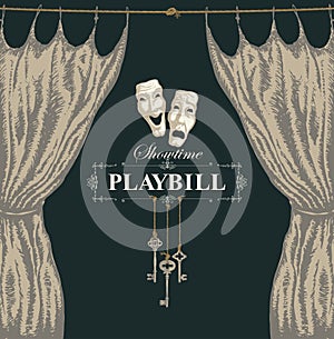 Hand-drawn playbill with theater curtain and masks