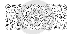 Hand drawn playful organic irregular doodle shapes and stickers. Modern brutalism and y2k sketchy design elements. Flower, heart,