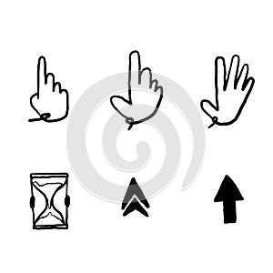 Hand drawn Pointer cursor icons. Web arrows cursors, mouse clicking and grab hand pixel icon. Computer pointers, internet cursor