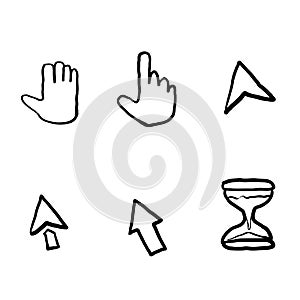 Hand drawn Pointer cursor icons. Web arrows cursors, mouse clicking and grab hand pixel icon. Computer pointers, internet cursor