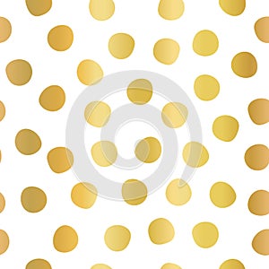 Hand drawn polka dots gold foil on white seamless vector background. Golden circles repeating pattern. Elegant backdrop