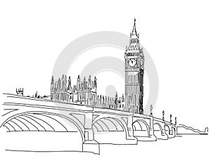 Hand drawn Popular view Big Ben and Westminster Bridge Outline S