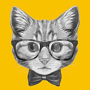 Hand drawn portrait of Cat with glasses and bow tie.