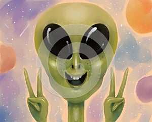 Hand drawn portrait of cute funny friendly alien showing peace gesture