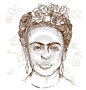 Hand drawn portrait of frida kahloi.