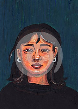 Hand drawn portrait of girl. Aged 18-25. Asian young lady. Black shoulder-length hair. Yellow skin. Acrylic, oil and gouache