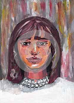 Hand drawn portrait of girl. Aged 18-25. Asian young lady. Brown shoulder-length hair. Pink skin. Acrylic, oil and gouache