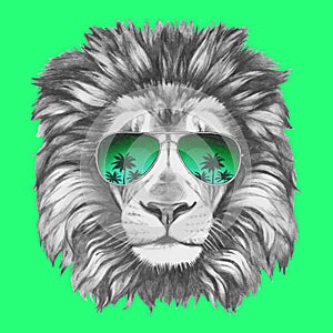 Hand drawn portrait of Lion with sunglasses.