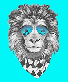 Hand drawn portrait of Lion with sunglasses and scarf.